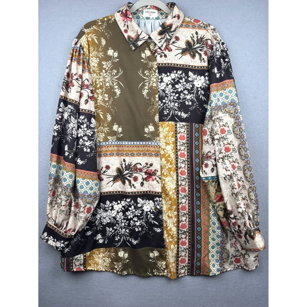 Talisman Oversized Shirt Womens XL Patchwork Floral Button Front